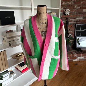 Women's Wide Stripe, Pink, Red, and Green Cardigan Sweater